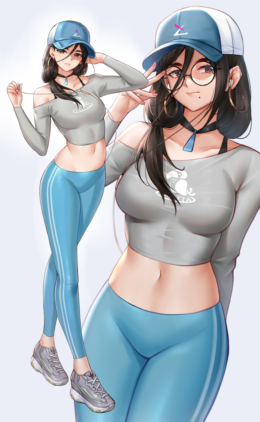 1girl, absurdres, baseball_cap, black_choker, black_hair, blue_pants, breasts, brown_eyes