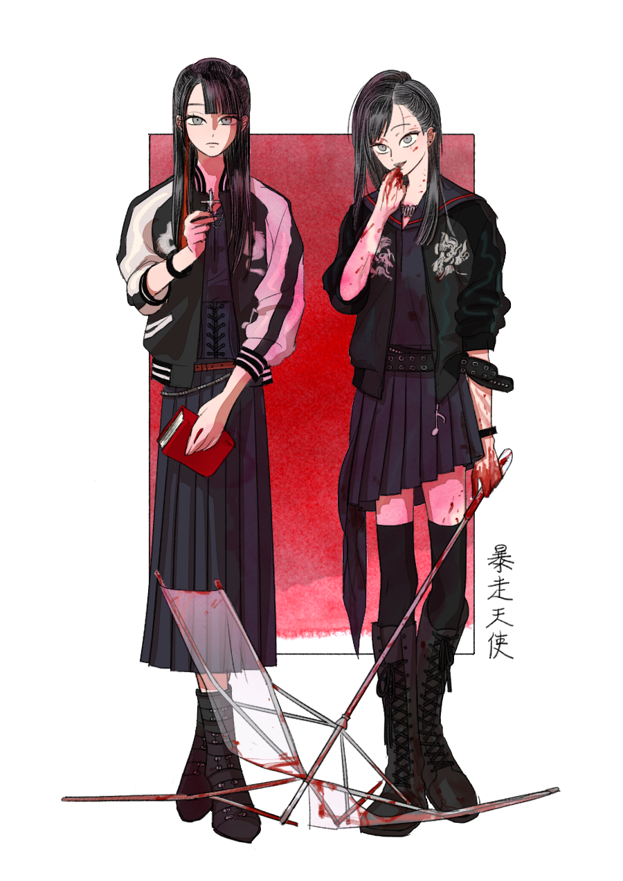 2girls, asymmetrical_hair, bangs, belt, black_(majisuka_gakuen), black_hair, blood, book, boots, bracelet, broken, corset, cross, cross_necklace, crossed_legs, gekikara_(majisuka_gakuen), green_eyes, hara_kiri, highres, holding, holding_book, jacket, jewelry, long_hair, long_skirt, majisuka_gakuen, multicolored_hair, multiple_girls, necklace, pleated_skirt, redhead, school_uniform, skirt, smile, standing, streaked_hair, sukajan, swept_bangs, thigh-highs, umbrella, yankee