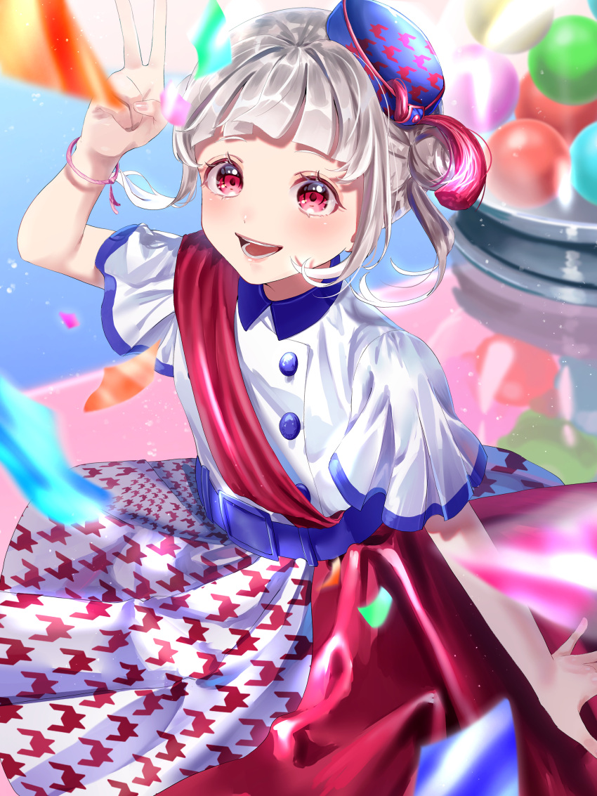1girl, absurdres, arashi_chisato, bangs, belt, blush, bracelet, commentary, confetti, double_bun, hajimari_wa_kimi_no_sora, hat, highres, jewelry, long_hair, looking_at_viewer, love_live!, love_live!_superstar!!, ponpon_rabbit, red_eyes, sash, shiny, shiny_hair, single_sidelock, smile, solo, white_hair