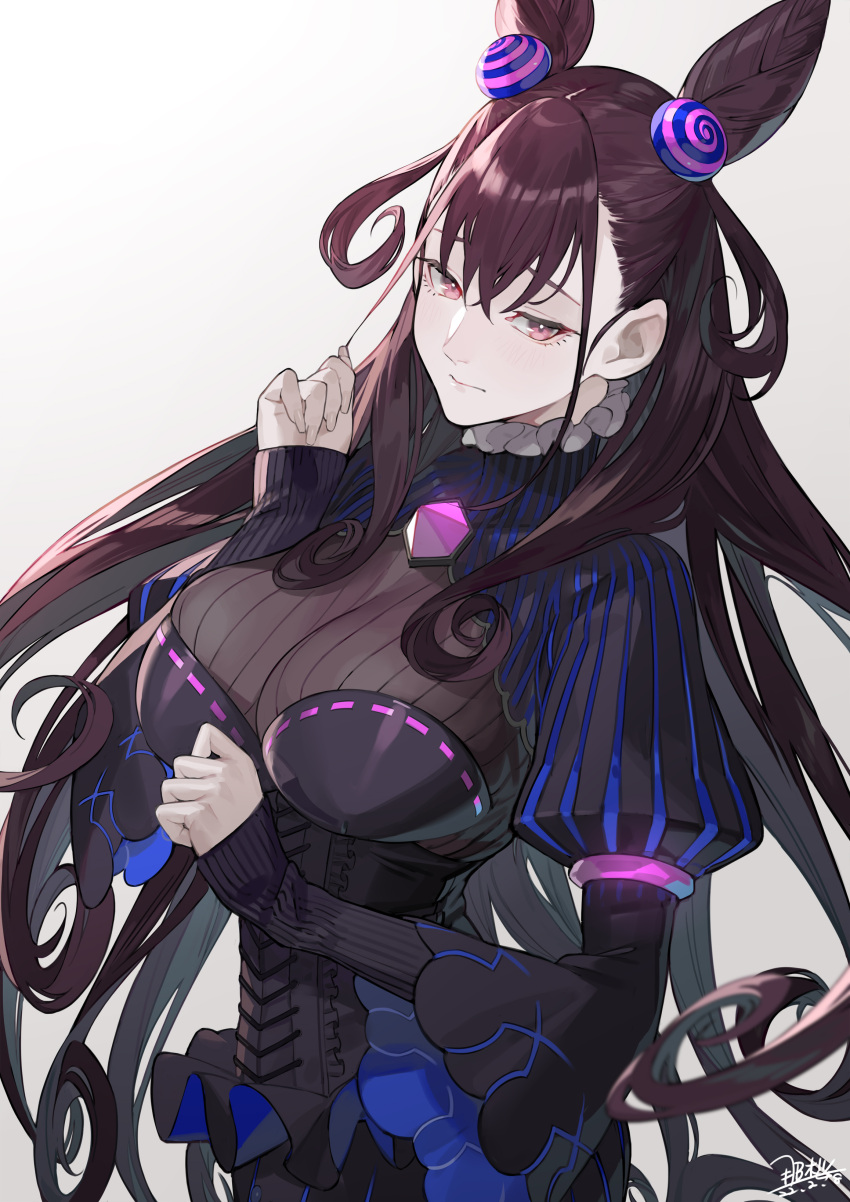 1girl, absurdres, amethyst_(gemstone), bangs, black_dress, breasts, brown_hair, dress