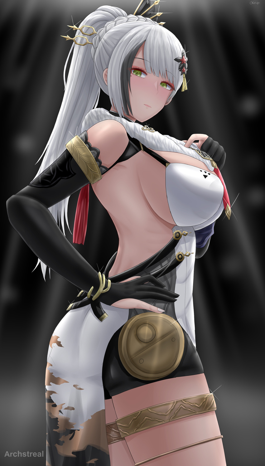 1girl, archstreal, bangs, bare_shoulders, bianca_(punishing:_gray_raven), black_background, black_gloves, black_hair