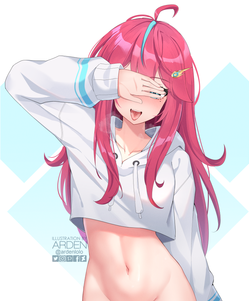 1girl, :d, ahoge, ardenlolo, arm_up, blue_eyes, collarbone, covering_eyes, crop_top, crop_top_overhang, drawstring, elaine_(kometa_virtual_live), hair_ornament, hairclip, hood, hood_down, hoodie, kometa_virtual_live, long_hair, long_sleeves, looking_at_viewer, midriff, mole, mole_under_eye, multicolored_hair, navel, pink_hair, smile, solo, stomach, streaked_hair, tongue, tongue_out, upper_body, virtual_youtuber, white_hoodie