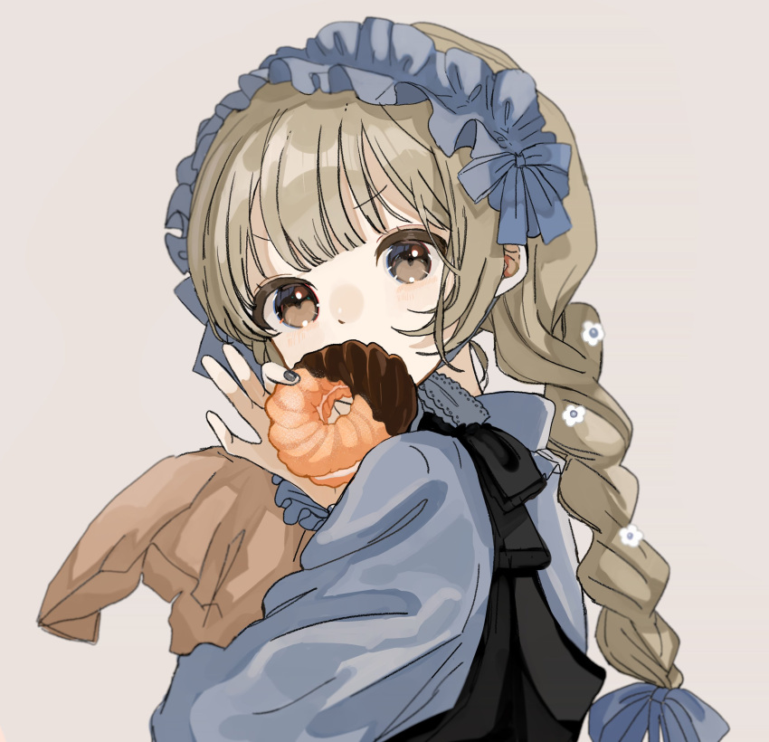 1girl, absurdres, angel_french, bag, black_dress, blue_dress, blue_nails, brown_eyes
