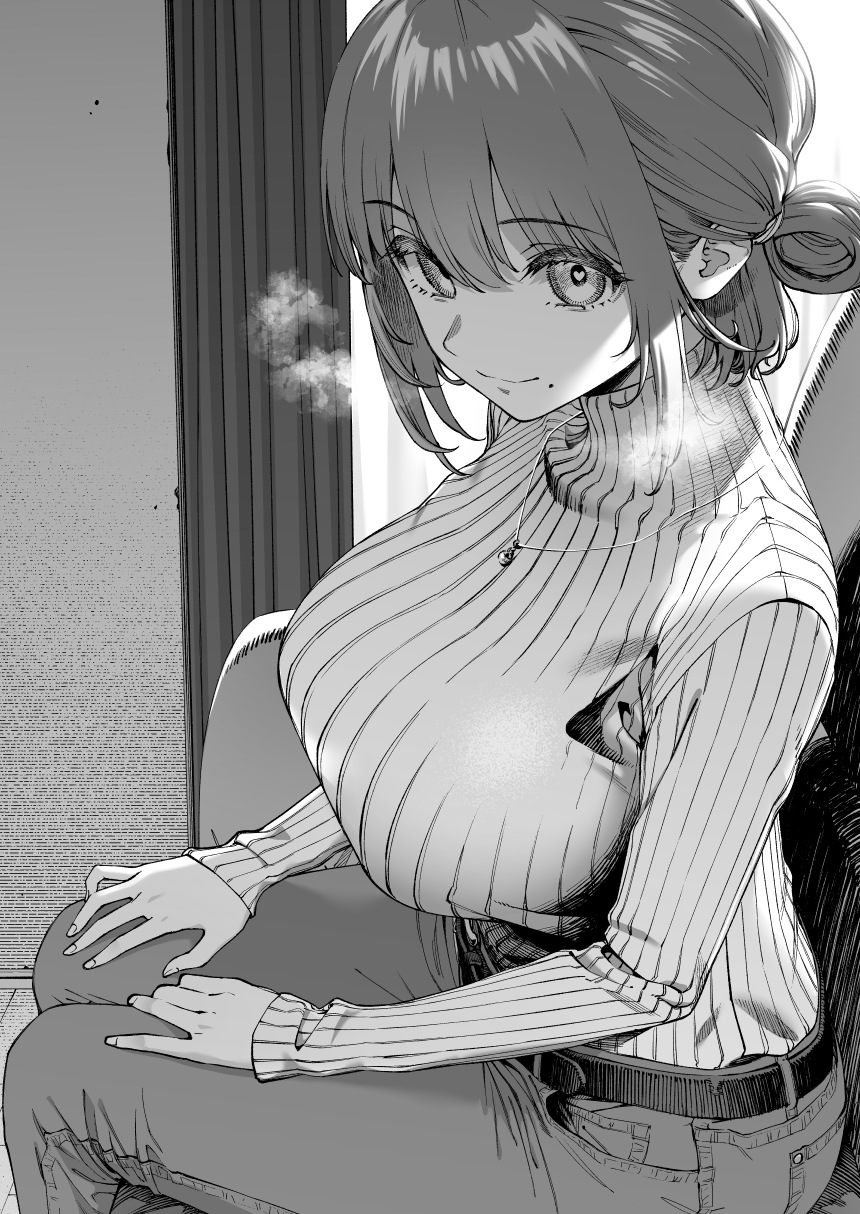 belt, breasts, eyebrows_visible_through_hair, hands_on_lap, heart, heart-shaped_pupils, heavy_breathing, highres, ice_reizou, indoors, jewelry, large_breasts, mole, mole_under_mouth, monochrome, necklace, original, pants, short_hair, sitting, sweater, symbol-shaped_pupils, tied_hair, turtleneck, turtleneck_sweater