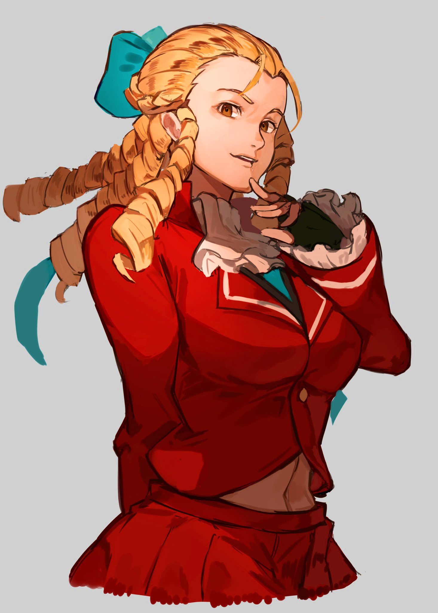 1girl, antenna_hair, blonde_hair, breasts, brown_eyes, drill_hair, fingerless_gloves, forehead