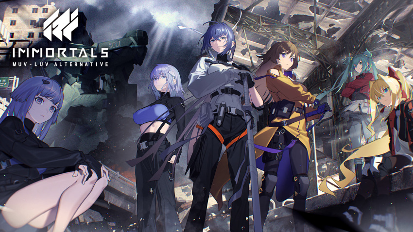 6+girls, belt, black_belt, black_pants, black_shirt, blue_eyes, blue_hair, blue_necktie