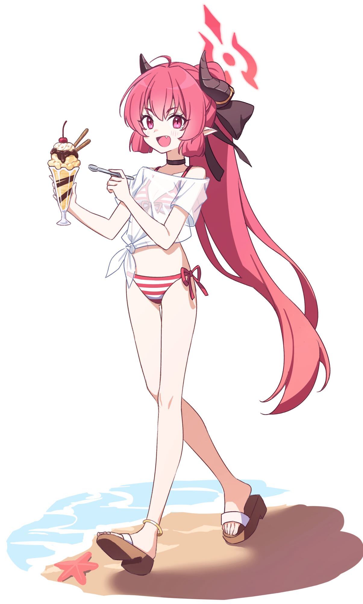 1girl, :d, anklet, beach, bikini, bikini_under_clothes, black_bow, black_choker