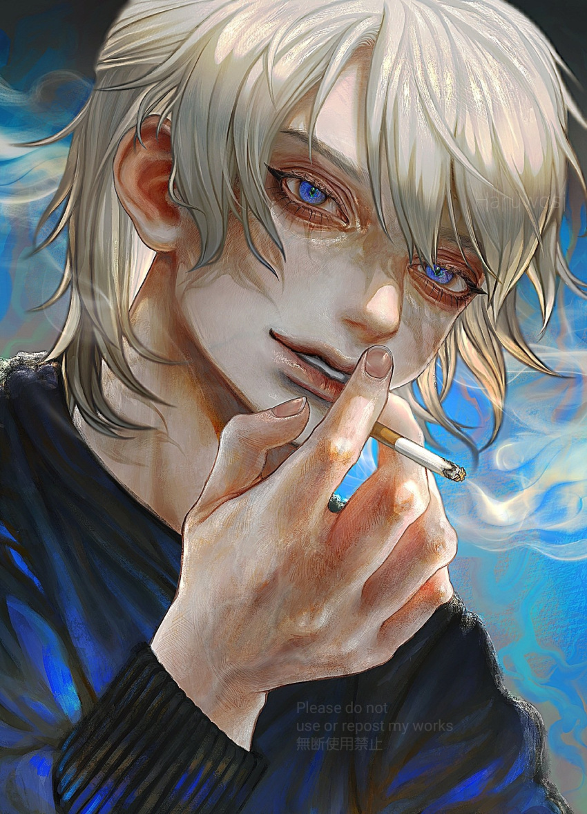 between_fingers, blonde_hair, blue_eyes, cigarette, eyelashes, hair_between_eyes, haruwosi, highres, holding, holding_cigarette, lips, long_sleeves, looking_at_viewer, male_focus, nose, original, parted_lips, realistic, smoke, smoking, solo, upper_body, veins