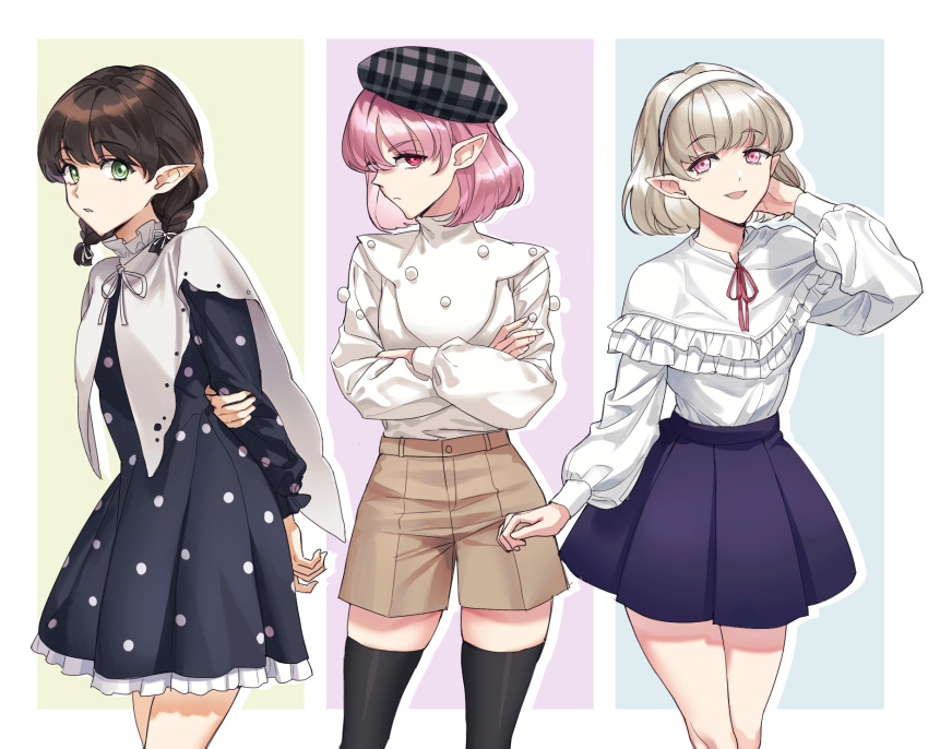 3girls, bbang_bread, braid, brown_hair, fashion, green_eyes, highres, looking_at_viewer