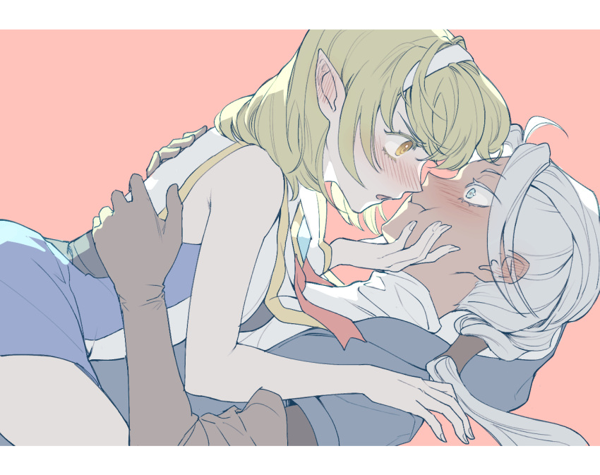 2girls, alev_valcarios, alev_valcarios_(water), androgynous, bbang_bread, blue_eyes, blush, braid, brown_eyes, dark_skin, green_hair, long_hair, looking_at_another, lord_of_heroes, multiple_girls, pale_skin, pointy_ears, solphi_lebenheit, solphi_lebenheit_(light), white_hair, yuri