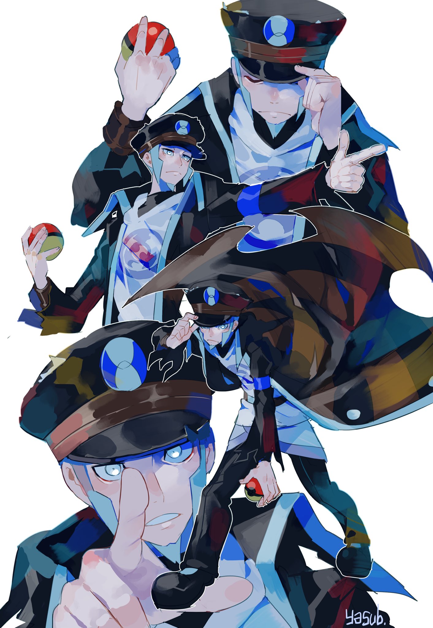1boy, adjusting_clothes, adjusting_headwear, arm_up, artist_name, belt, black_coat, black_footwear, black_headwear, black_pants, closed_eyes, closed_mouth, coat, commentary, facial_hair, finger_gun, full_body, goatee, grey_hair, hand_up, hands_up, hat, high_collar, highres, holding, holding_poke_ball, ingo_(pokemon), leaning_forward, long_sleeves, looking_at_viewer, male_focus, multiple_views, open_clothes, open_coat, outline, pants, peaked_cap, pointing, pointing_at_viewer, poke_ball, poke_ball_(legends), pokemon, pokemon_(game), pokemon_legends:_arceus, shoes, short_hair, sidelocks, signature, simple_background, standing, torn_clothes, torn_coat, torn_sleeves, tunic, u_u, undershirt, upper_body, white_background, white_eyes, white_outline, wide-eyed, yasubaru