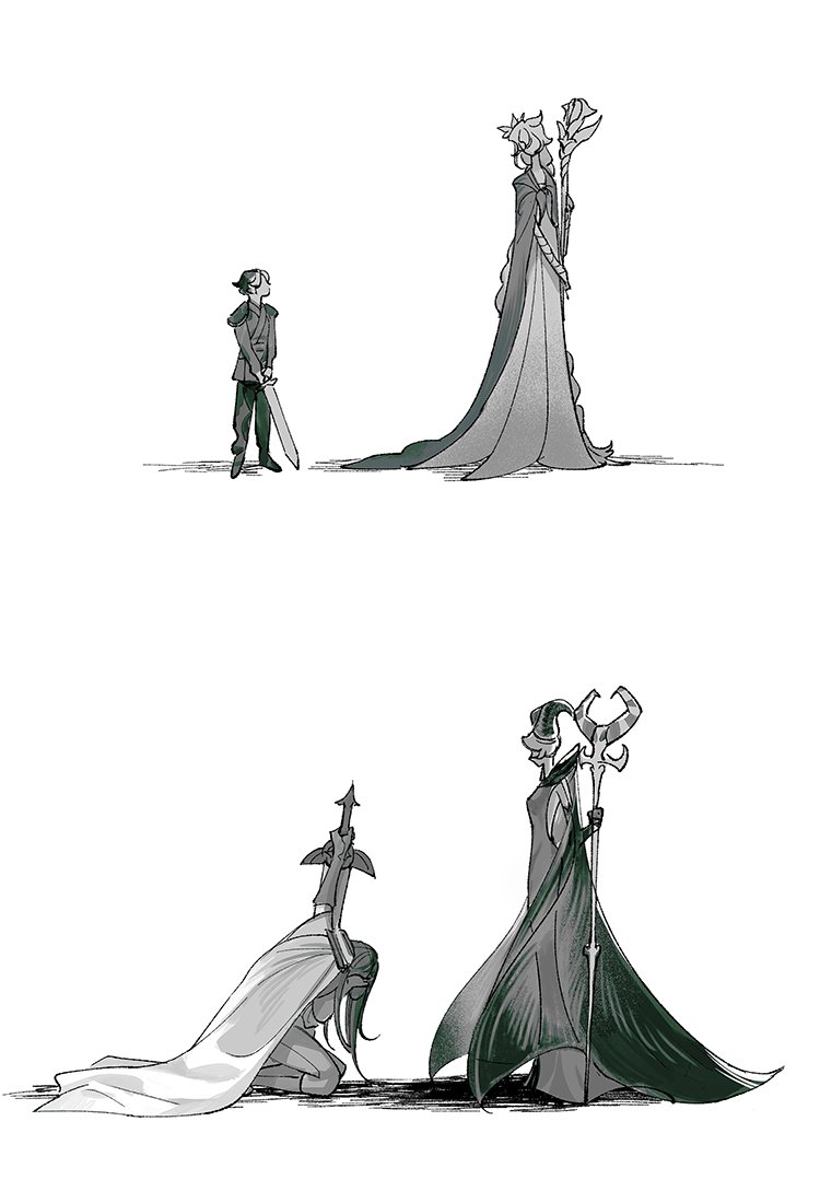 1boy, 2girls, age_progression, black_hair, braid, cape, chinese_commentary, cookie_run