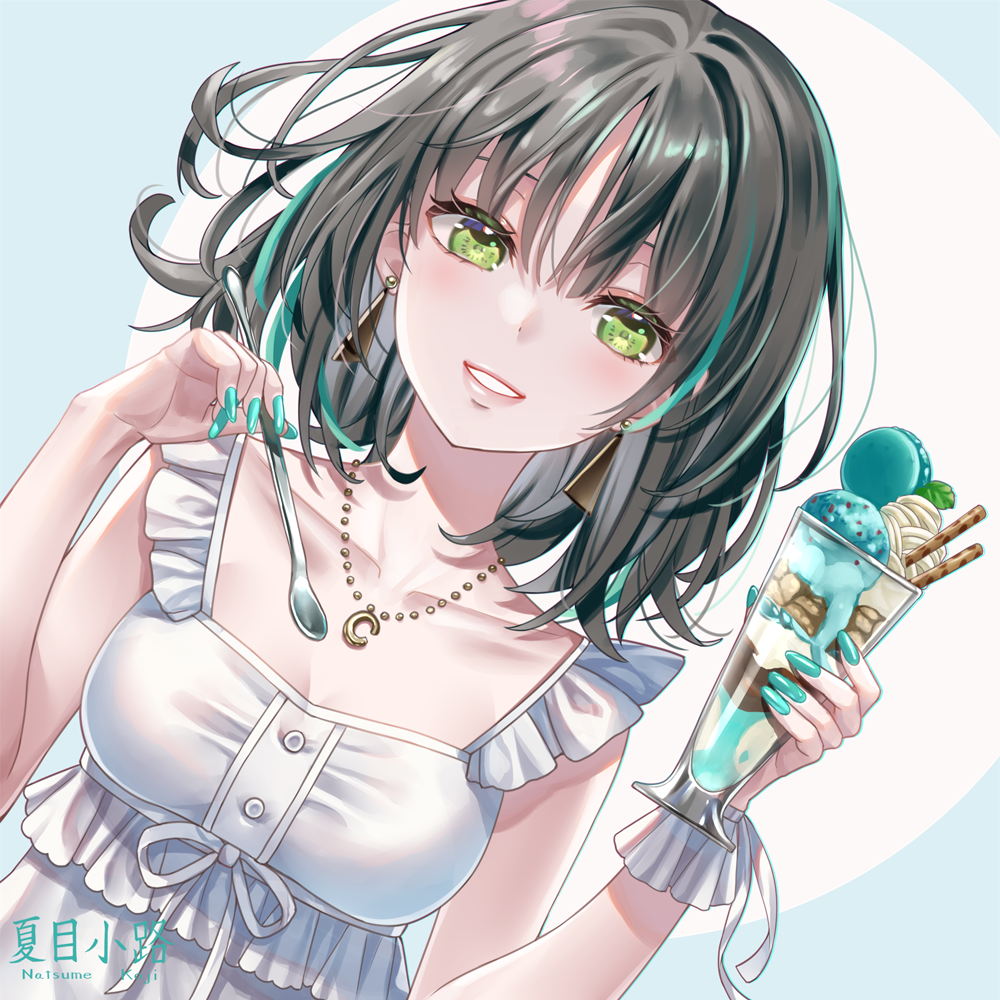 1girl, aqua_hair, aqua_nails, artist_name, black_hair, breasts, earrings, frills
