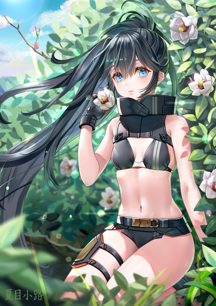 1girl, artist_name, bare_shoulders, belt, bikini, black_bikini, black_gloves, black_hair