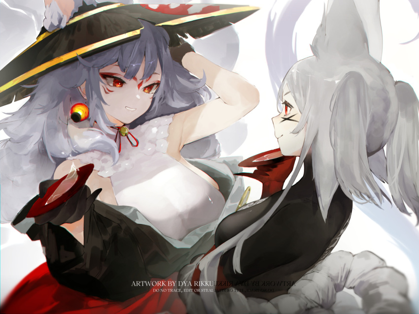 2girls, animal_ear_fluff, animal_ears, bangs, bell, black_bodysuit, black_headwear, black_kimono