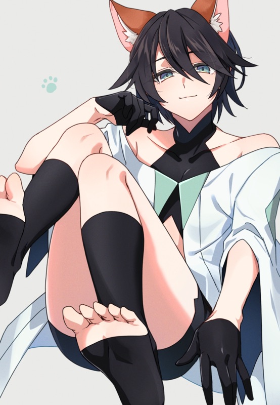1boy, 28h_sleep, androgynous, animal_ears, black_hair, blue_eyes, fox_boy, fox_ears