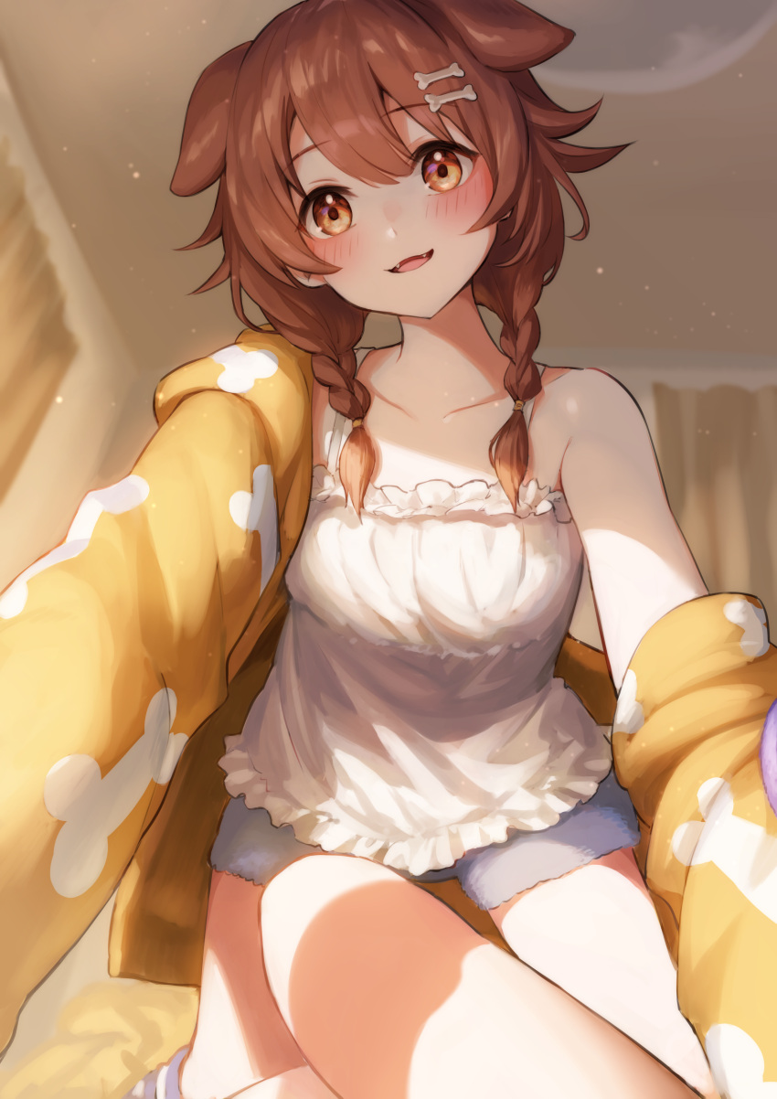 2girls, absurdres, all_fours, animal_ears, bangs, blush, bone_hair_ornament, bone_print