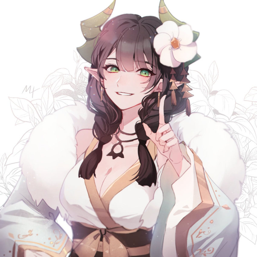 1girl, black_hair, braid, breasts, dongbaegsi, dragon_girl, dragon_horns, flower, green_eyes, green_horns, hair_flower, hair_ornament, highres, horns, jewelry, lairei_yen, lairei_yen_(earth), large_breasts, long_hair, looking_at_viewer, lord_of_heroes, necklace, pale_skin, pointy_ears, twin_braids