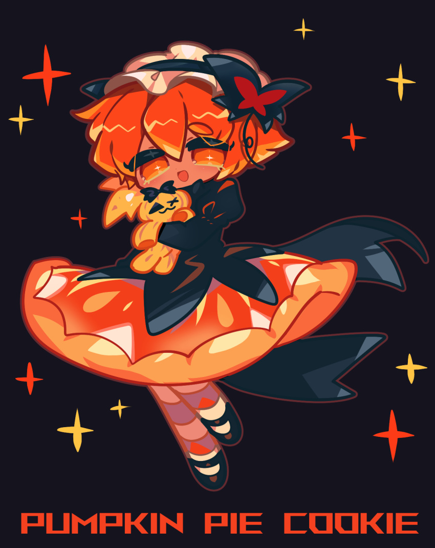 1girl, :d, back_bow, black_background, bow, bright_pupils, butterfly_ornament, character_name
