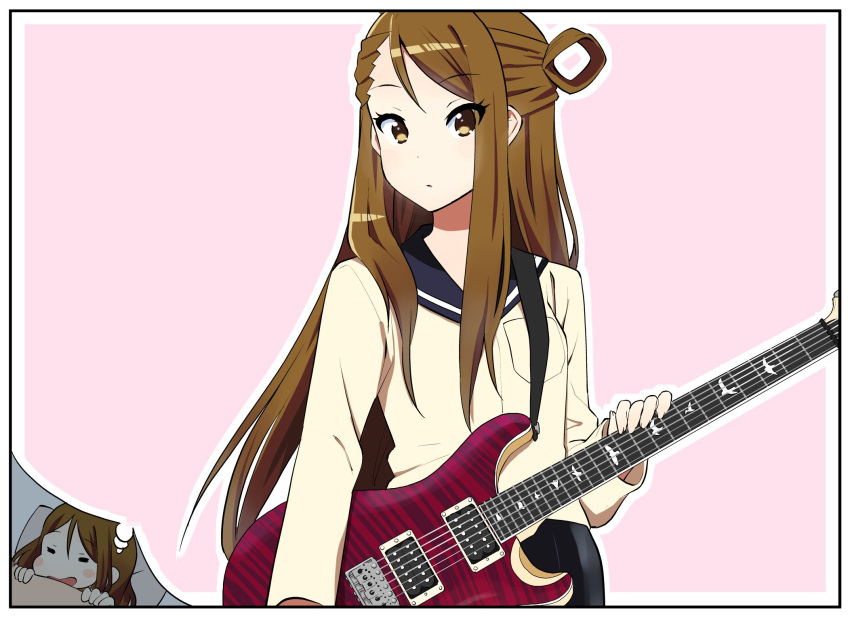 1girl, blanket, blanket_grab, brown_eyes, brown_hair, closed_eyes, dreaming, electric_guitar