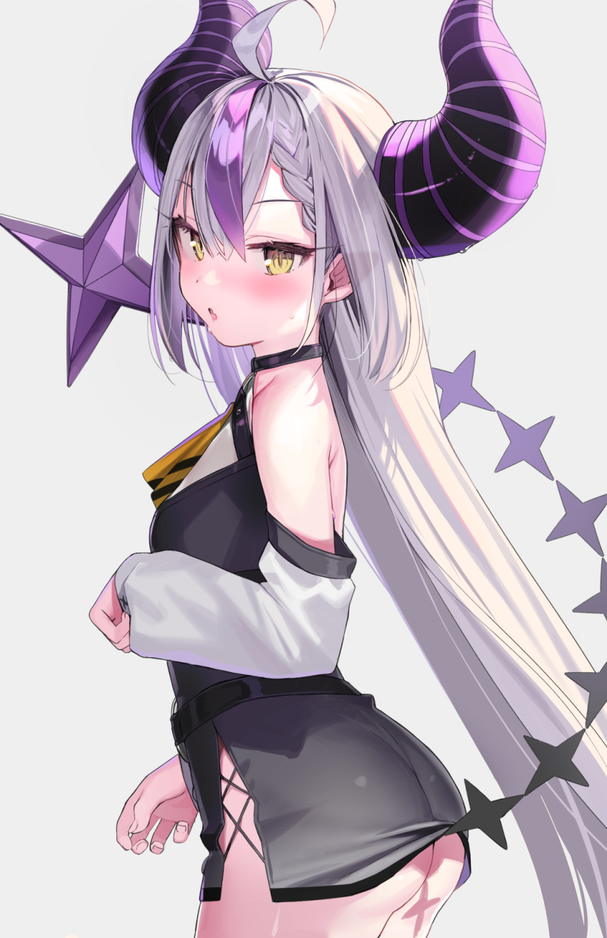 1girl, ahoge, ascot, ass, black_dress, blush, braid, breasts, demon_horns, detached_sleeves, dress, eyebrows_visible_through_hair, highres, hololive, horns, huge_horns, kanzarin, la+_darknesss, long_hair, looking_at_viewer, multicolored_hair, no_panties, open_mouth, purple_hair, short_dress, small_breasts, strapless, strapless_dress, tail, virtual_youtuber, white_hair, yellow_eyes