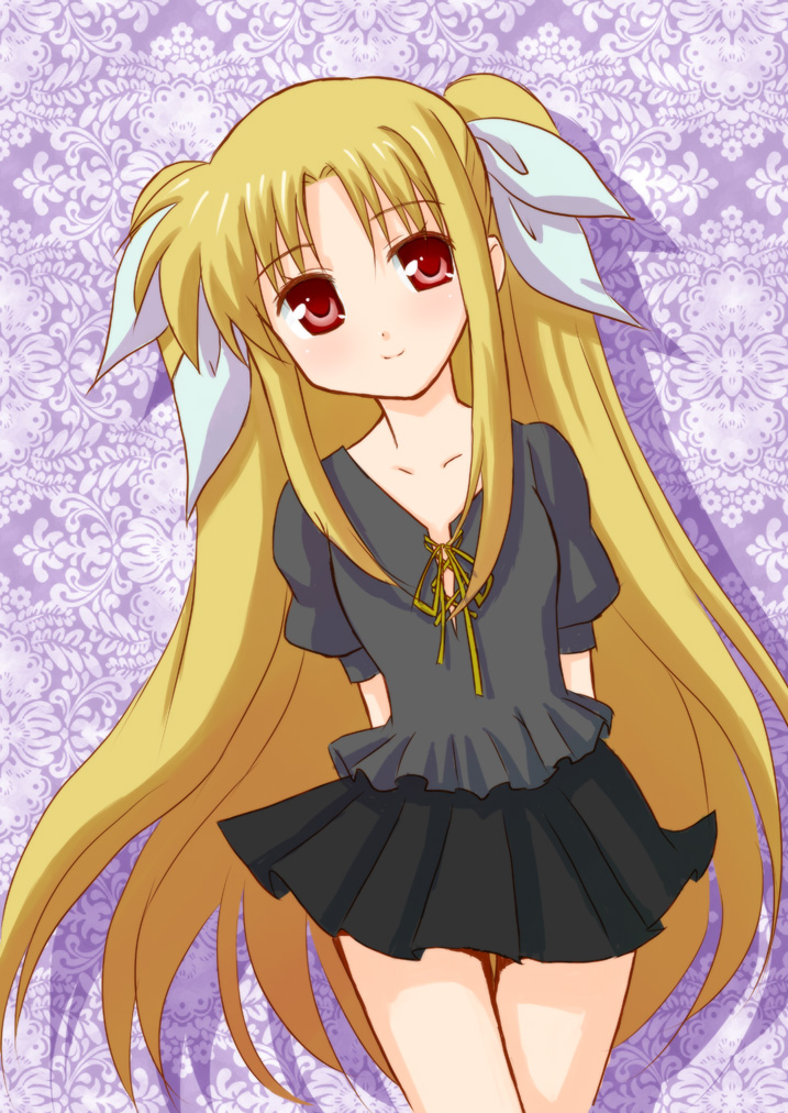 casual, fate_testarossa, hair_ribbon, long_hair, mahou_shoujo_lyrical_nanoha, narupon, ootaka_narumi, red_eyes, ribbon, skirt