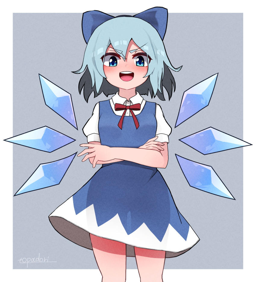 1girl, artist_name, blue_bow, blue_dress, blue_eyes, blue_hair, blush, border