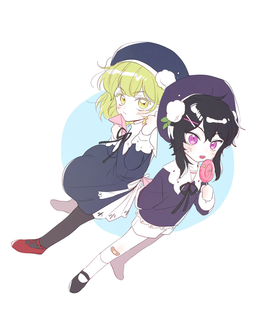 1boy, 1girl, androgynous, black_hair, candy, dilm_loh, food, green_hair, highres, lollipop, looking_at_viewer, lord_of_heroes, matching_outfit, nine_(dark), nine_(lord_of_heroes), otoko_no_ko, pale_skin, pink_eyes, short_hair, solphi_lebenheit, solphi_lebenheit_(light), yellow_eyes