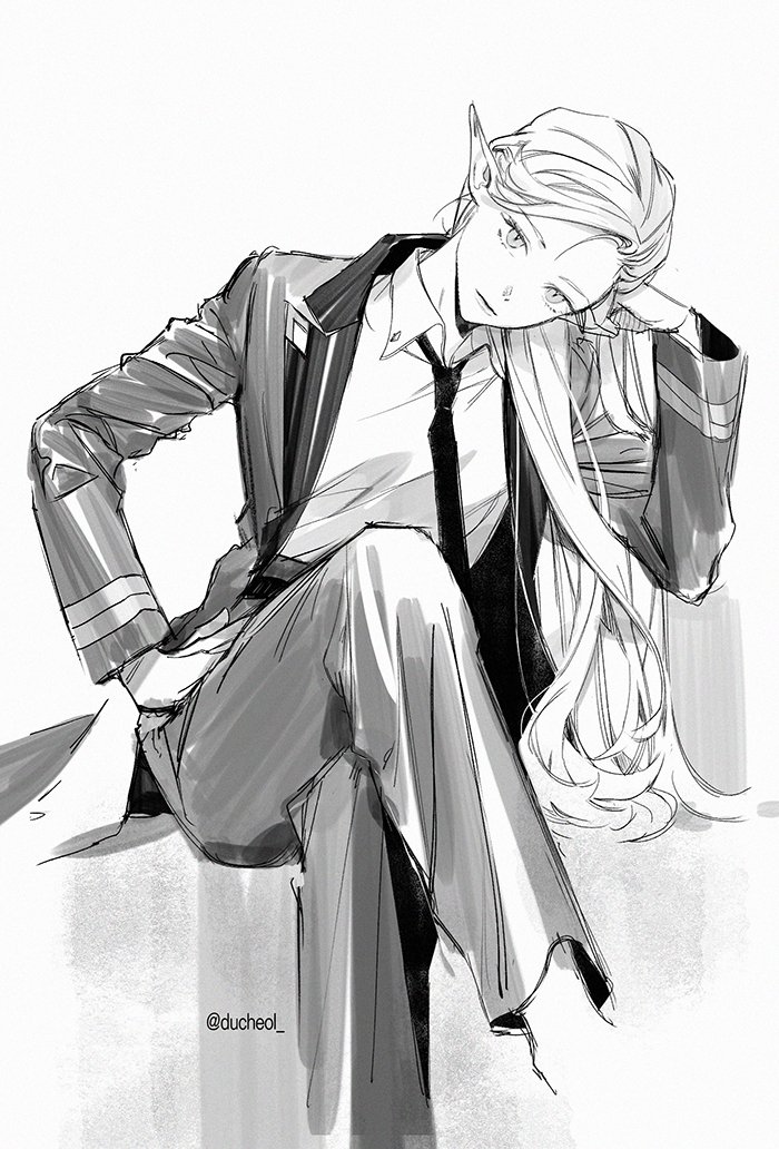 1girl, collared_shirt, ducheol, elf, head_rest, long_hair, long_sleeves, looking_at_viewer, lord_of_heroes, monochrome, necktie, olivia_pavlichenko, pale_skin, pants, pointy_ears, shirt