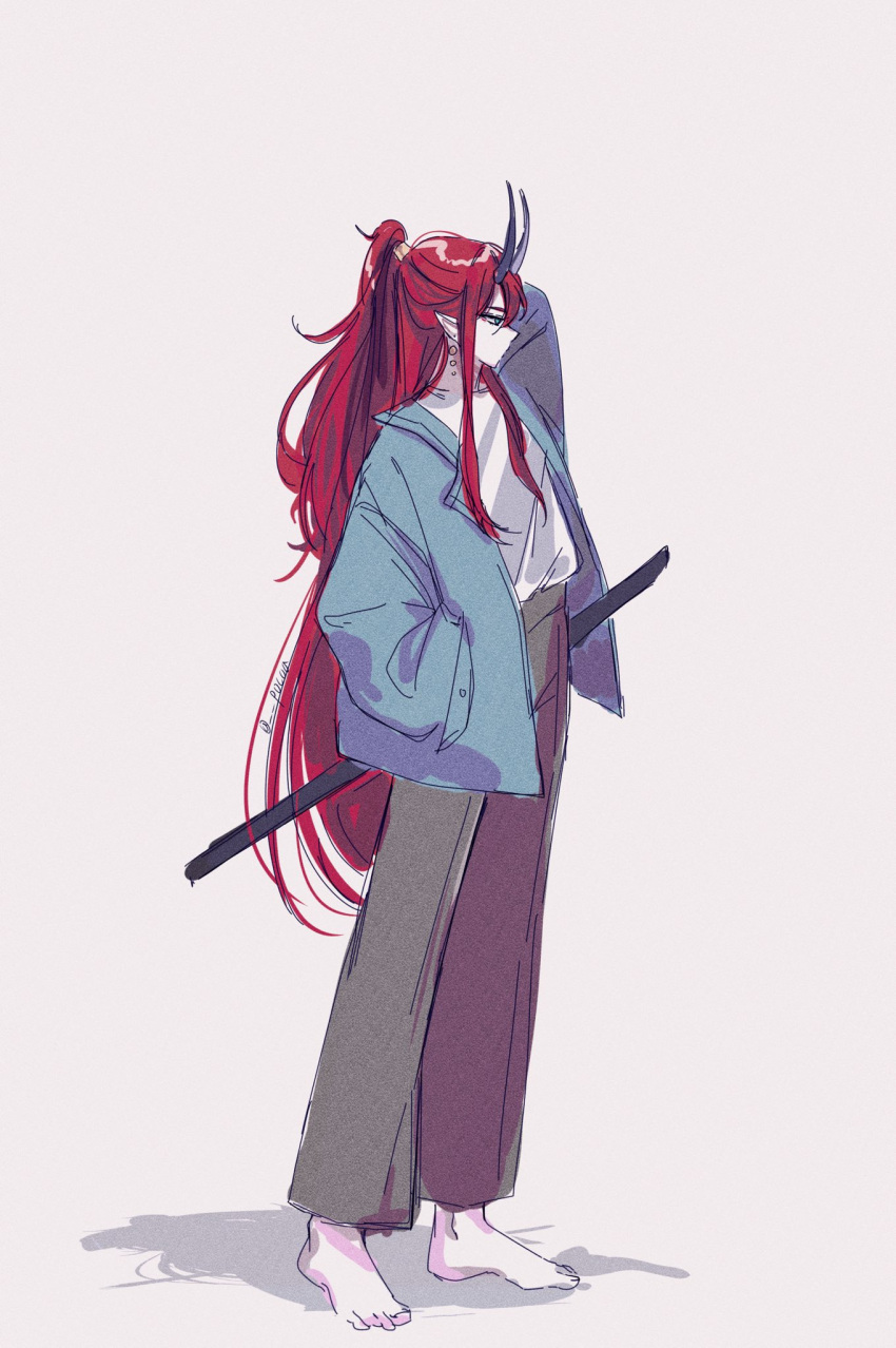 1girl, aran_(lord_of_heroes), blue_eyes, earrings, facing_to_the_side, full_body, highres, horns