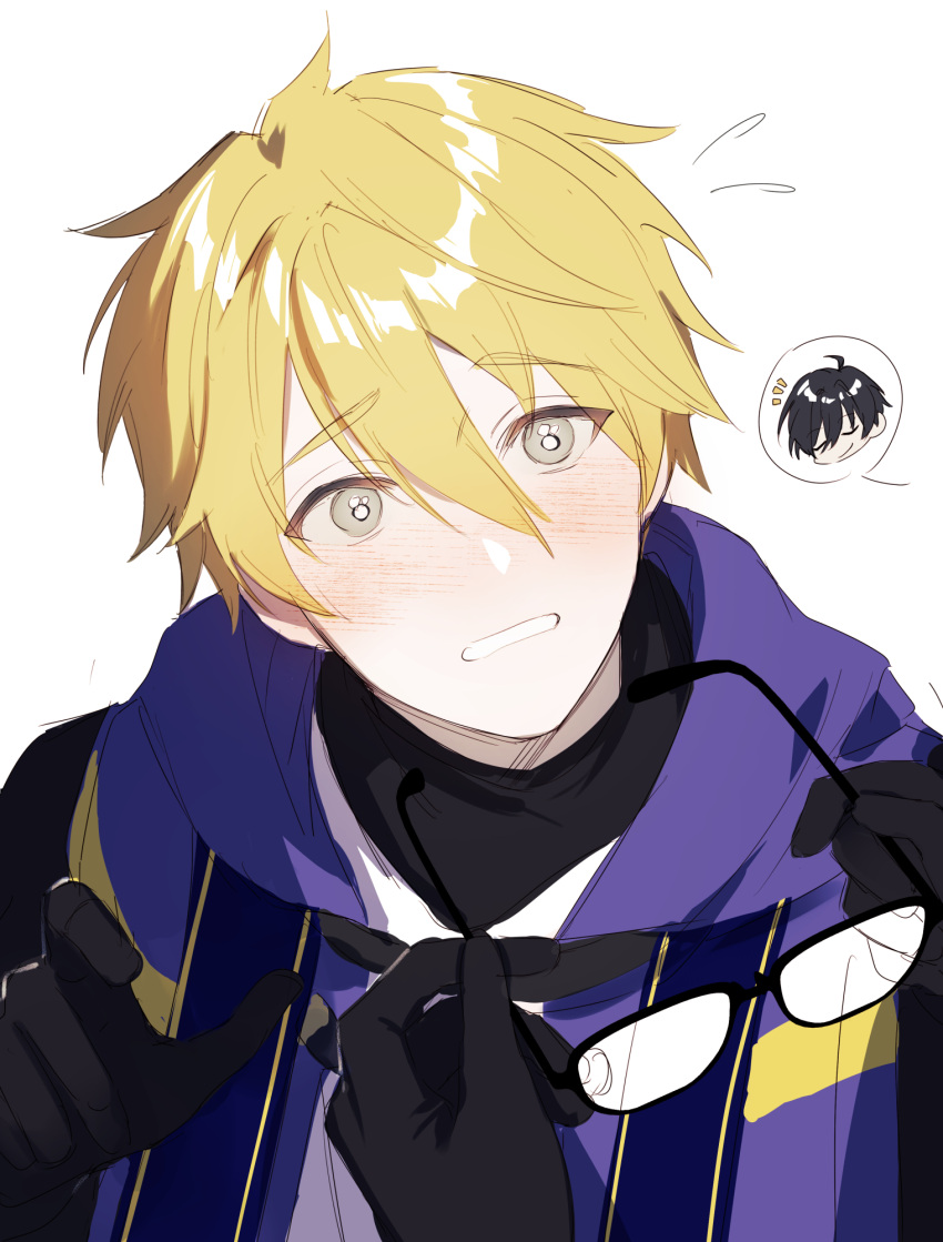 2boys, black_hair, blonde_hair, blue_eyes, blush, closed_eyes, embarrassed, flustered