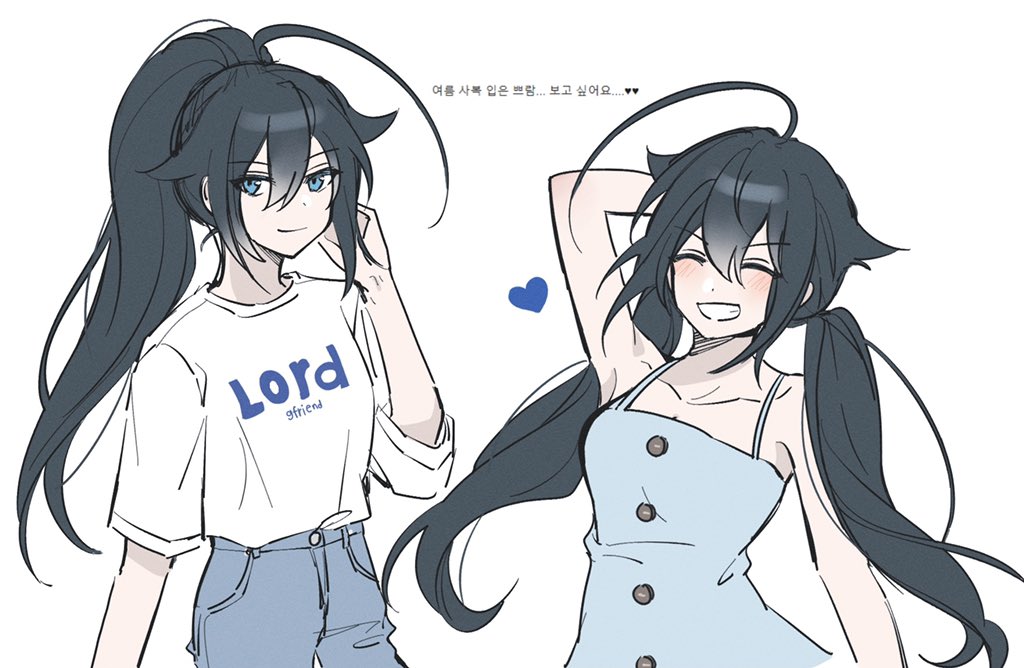 2girls, black_hair, blue_eyes, blush, fram_berge, heart, jagam_fram, long_hair, looking_at_viewer, lord_of_heroes, multiple_girls, pale_skin, ponytail, smile, solo, twintails