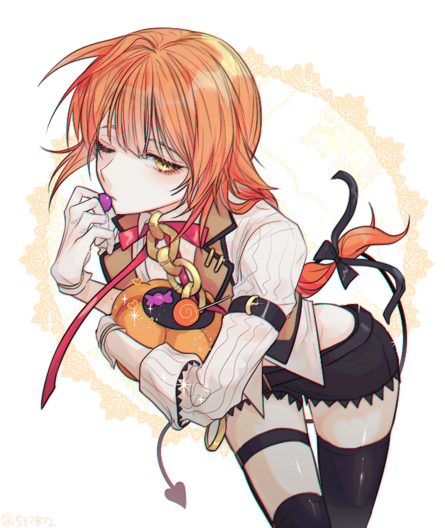 1boy, 537b72, androgynous, braid, candy, crop_top, demon_tail, food