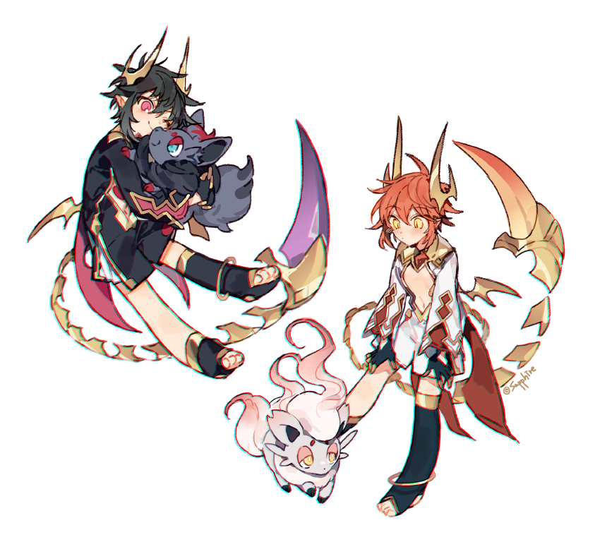 2boys, androgynous, black_hair, dragon_boy, dragon_horns, dragon_tail, dragon_wings, hisuian_zorua, horns, lord_of_heroes, multiple_boys, nine_(dark), nine_(fire), nine_(lord_of_heroes), one_eye_closed, otoko_no_ko, pale_skin, pink_eyes, pokemon, pokemon_(creature), redhead, sapphire_(nine), tail, wings, yellow_eyes, zorua