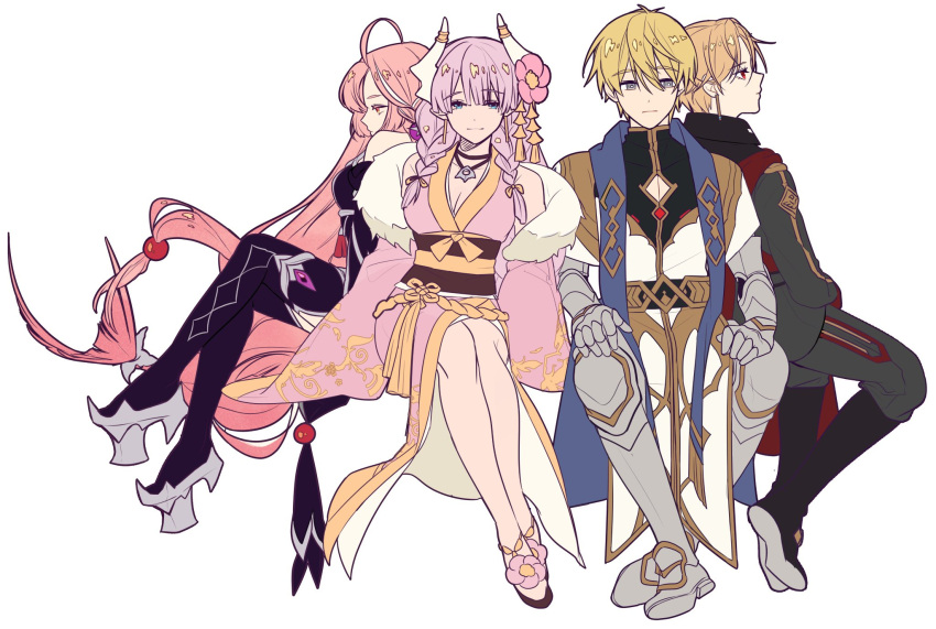 2boys, 2girls, blonde_hair, blue_eyes, dragon_girl, dragon_horns, flower, hair_flower, hair_ornament, highres, horns, johan_talede, johan_talede_(light), joshua_levinth, joshua_levinth_(dark), lairei_yen, lairei_yen_(light), long_hair, looking_at_viewer, looking_to_the_side, looking_up, lord_of_heroes, lumie_miratisa, lumie_miratisa_(dark), multiple_boys, multiple_girls, pale_skin, pink_eyes, pink_hair, red_eyes, white_horns, winelalala306