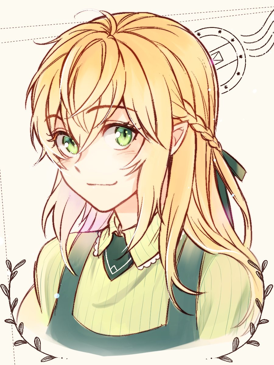 1girl, blonde_hair, blush, charlotte_grace, charlotte_grace_(earth), green_eyes, highres, long_hair, looking_at_viewer, lord_of_heroes, o_x_gac, pale_skin, pointy_ears, solo, white_background