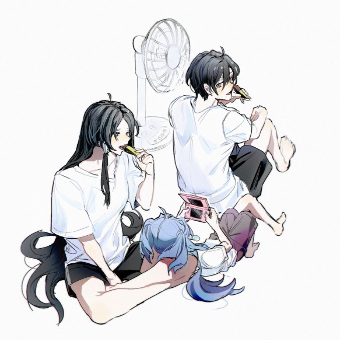 1boy, 2girls, black_hair, blue_hair, ggwamang, grey_eyes, handheld_game_console, leaning_back, leaning_on_person, long_hair, looking_at_another, lord_(lord_of_heroes), lord_of_heroes, mu_(lord_of_heroes), multiple_girls, nintendo_3ds, pale_skin, short_hair, twintails