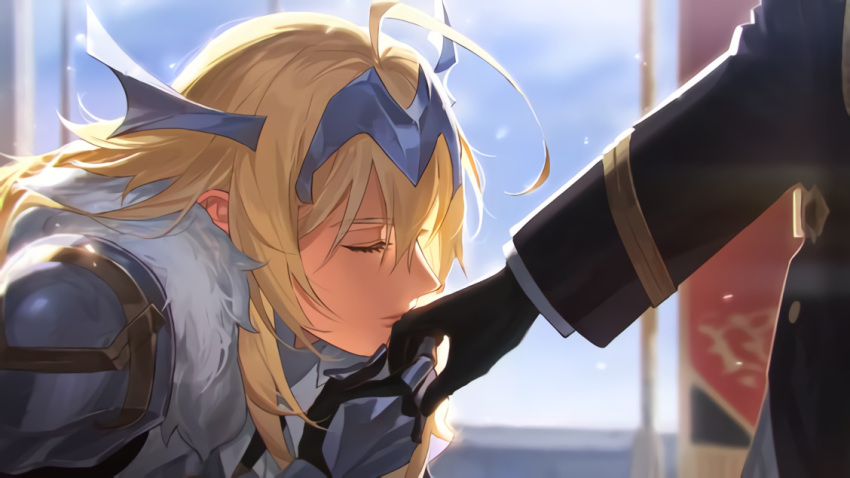 1boy, 1girl, blonde_hair, closed_eyes, fram_berge, fram_berge_(light), gloves, hair_ornament, kiss, kissing_hand, kotneciii, leaning_forward, long_hair, lord_(lord_of_heroes), lord_of_heroes, pale_skin