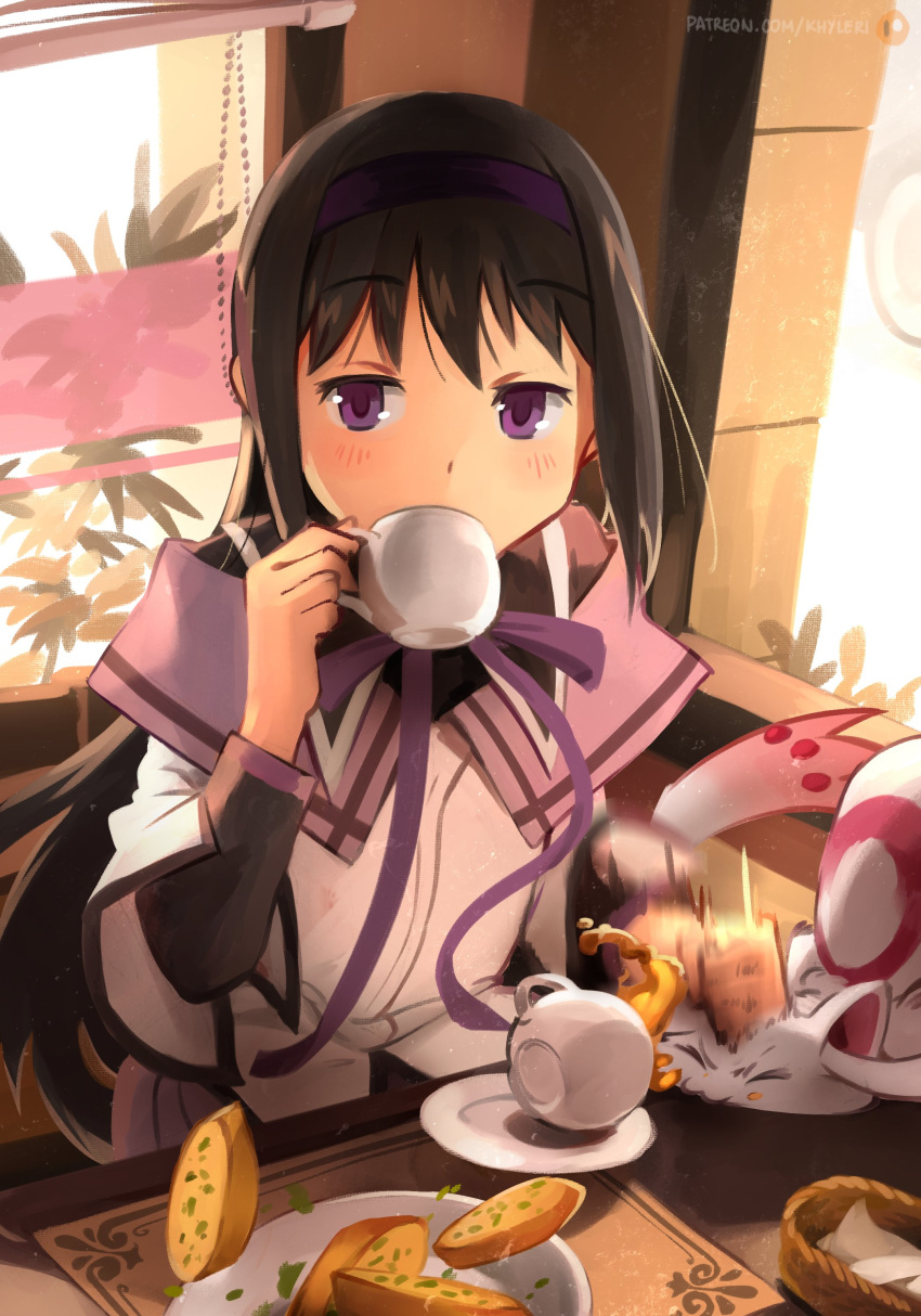 1girl, absurdres, akemi_homura, bangs, black_hair, black_undershirt, blinds, blush
