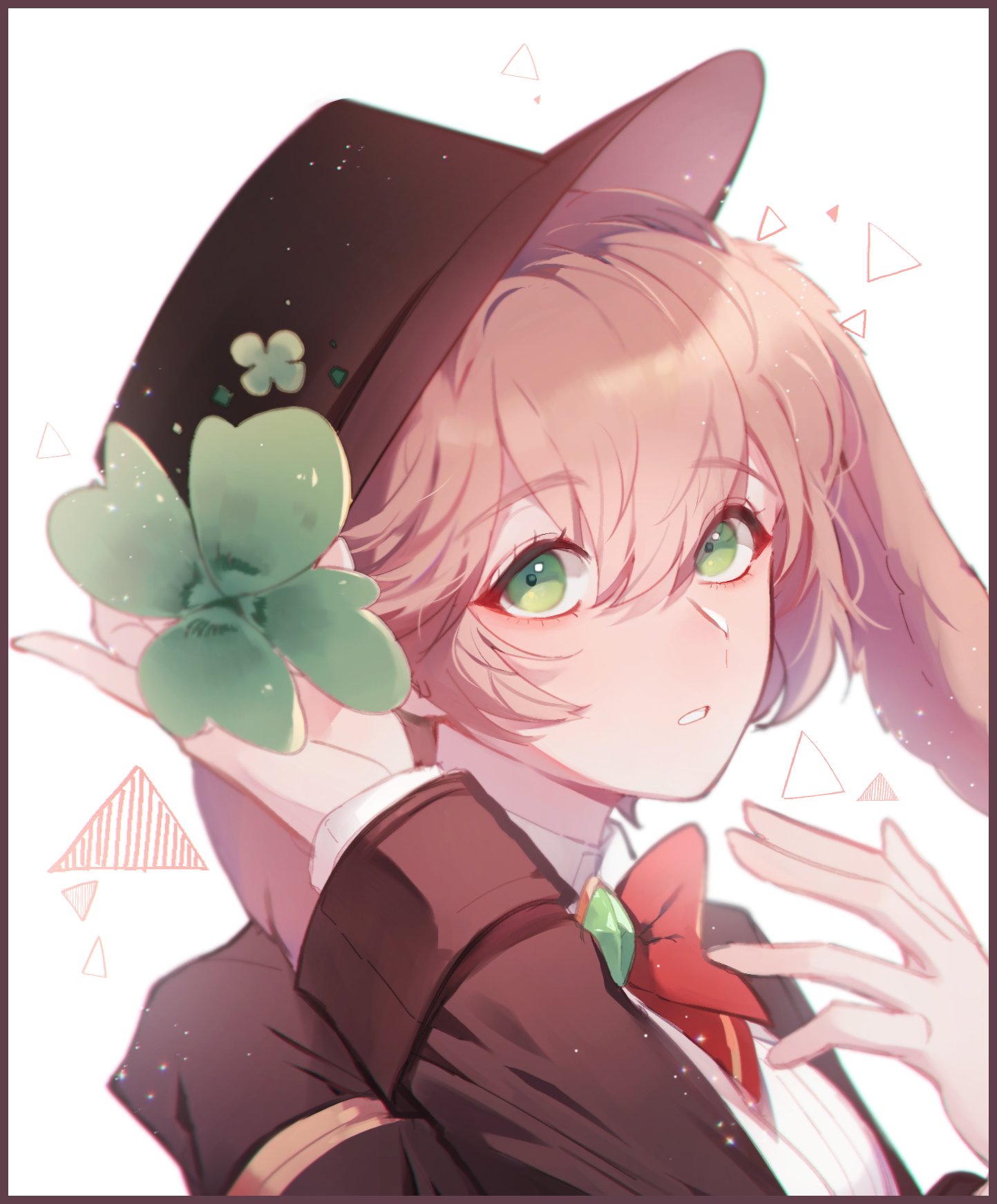 1girl, blush, brown_hair, clover, clover_hair_ornament, dongbaegsi, genshin_impact, green_eyes