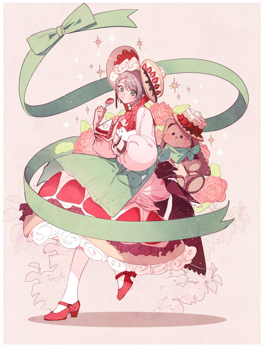 1girl, brown_hair, dongbaegsi, dress, full_body, green_eyes, hat, high_heels