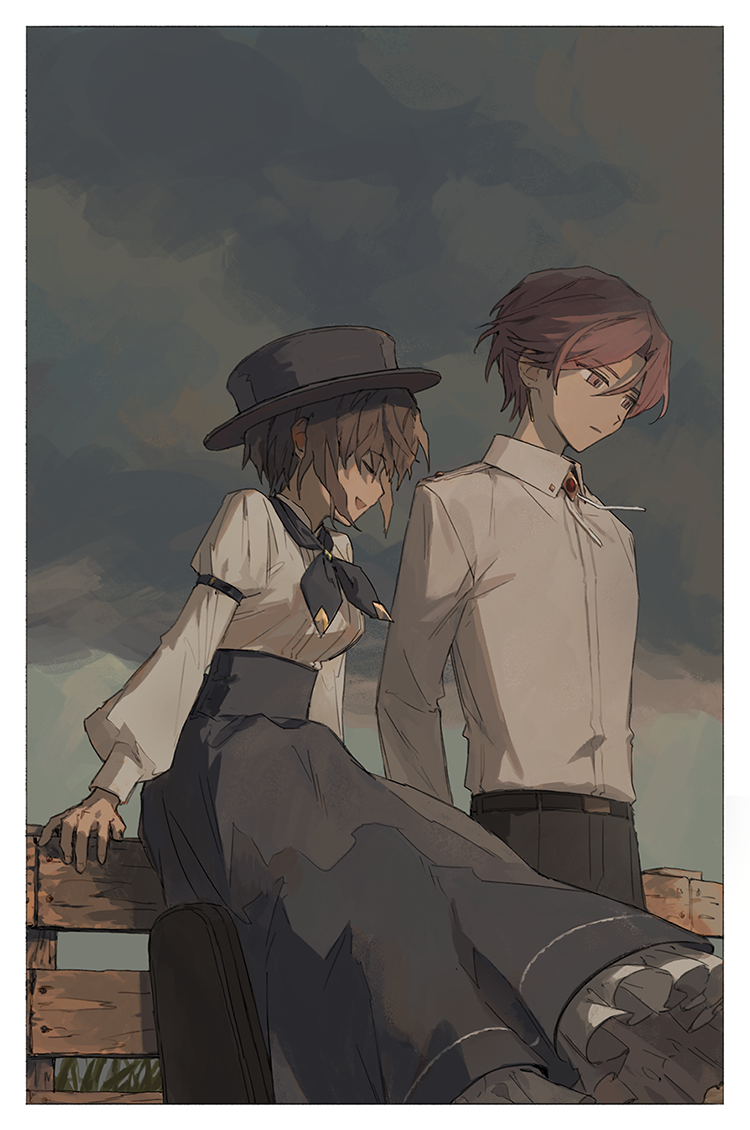 1boy, 1girl, brown_hair, closed_eyes, dress, frown, hat, joshua_levinth, joshua_levinth_(fire), looking_away, looking_down, lord_of_heroes, namot, pale_skin, pink_eyes, pink_hair, vanessa_therese_alderune, vanessa_therese_alderune_(light)