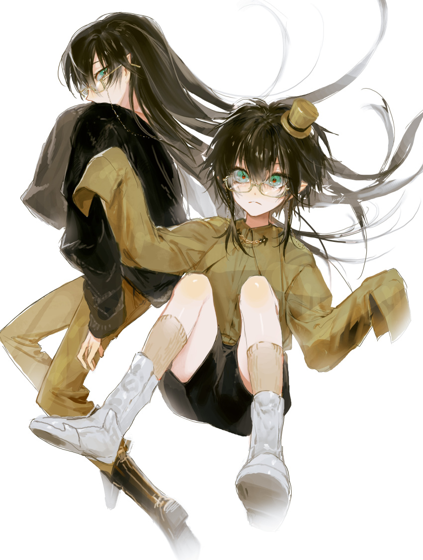 2boys, absurdres, androgynous, bishounen, black_hair, blue_eyes, elf, glasses