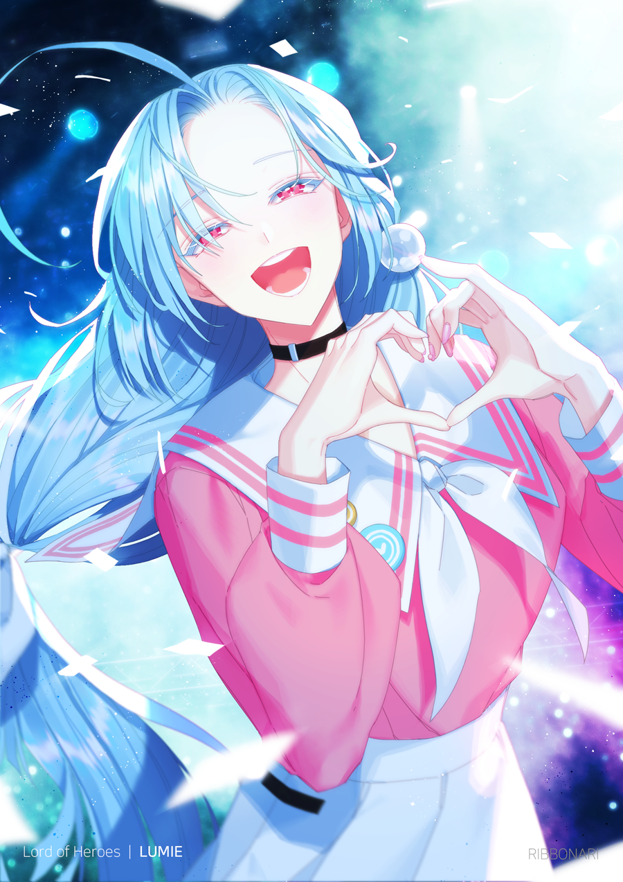 1girl, blue_hair, blush, choker, hairband, heart, heart_hands, highres