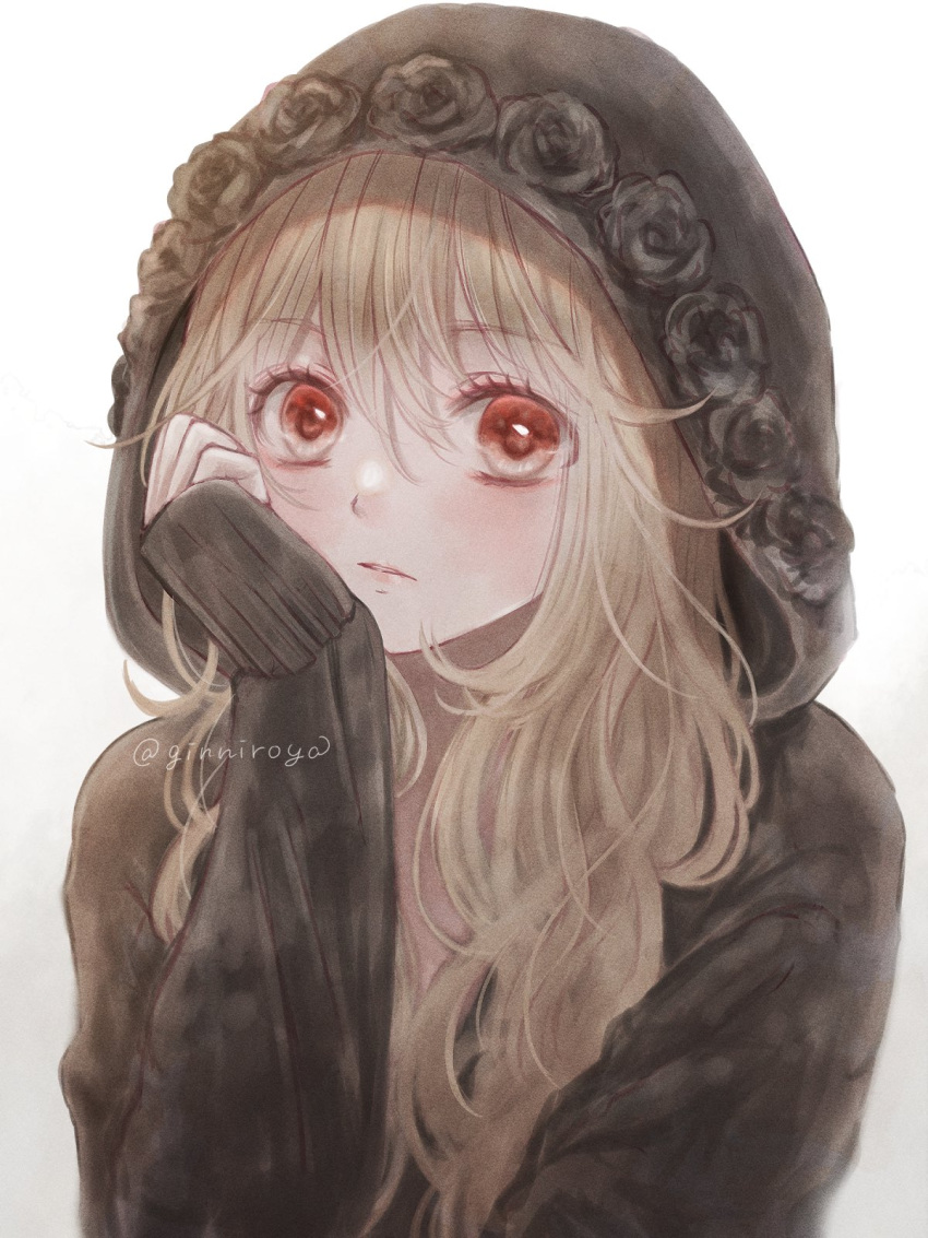 1girl, artist_name, bangs, black_hoodie, blonde_hair, blush, expressionless, eyebrows_visible_through_hair