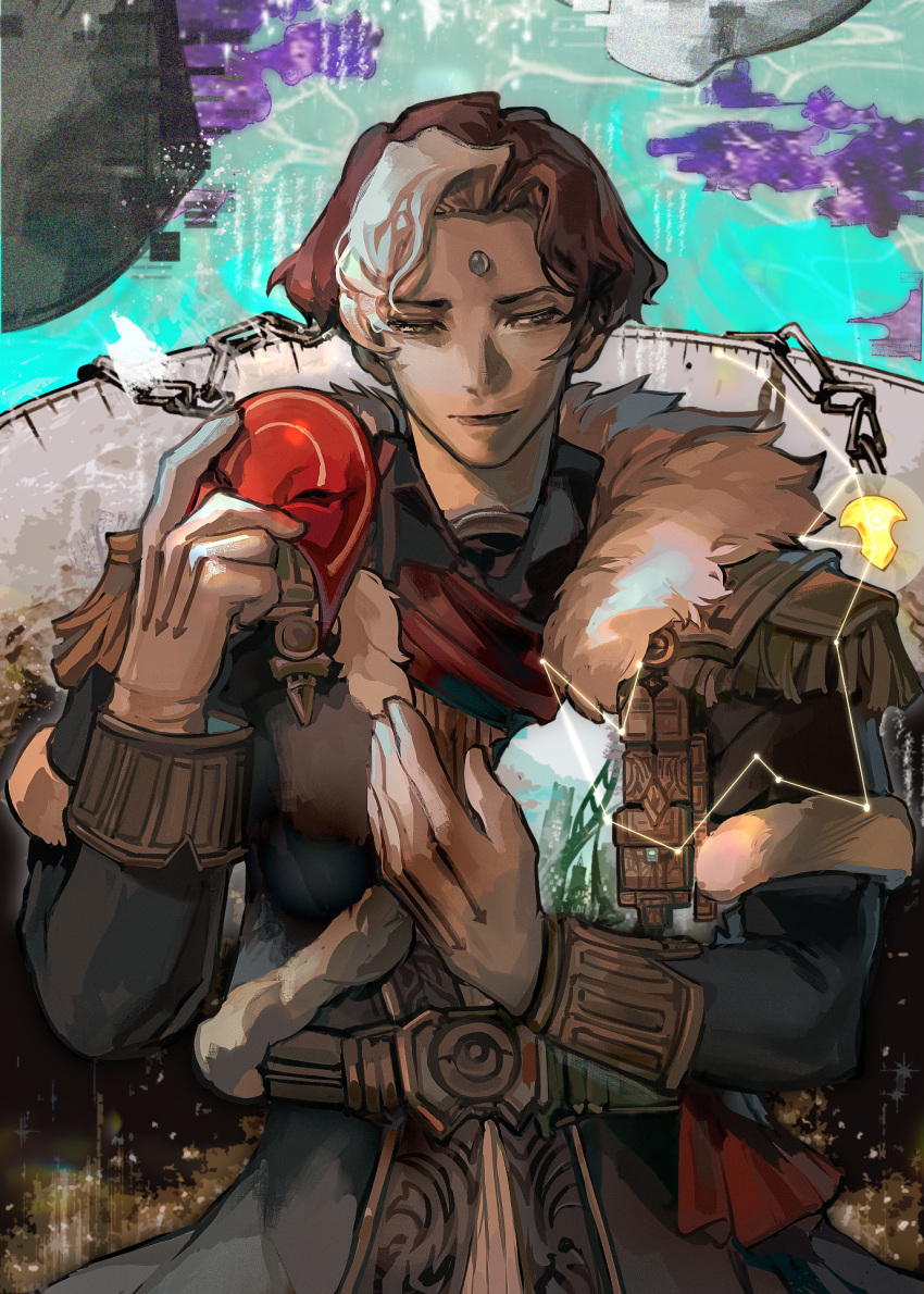 1boy, brown_coat, brown_hair, chain, closed_mouth, coat, commentary, constellation