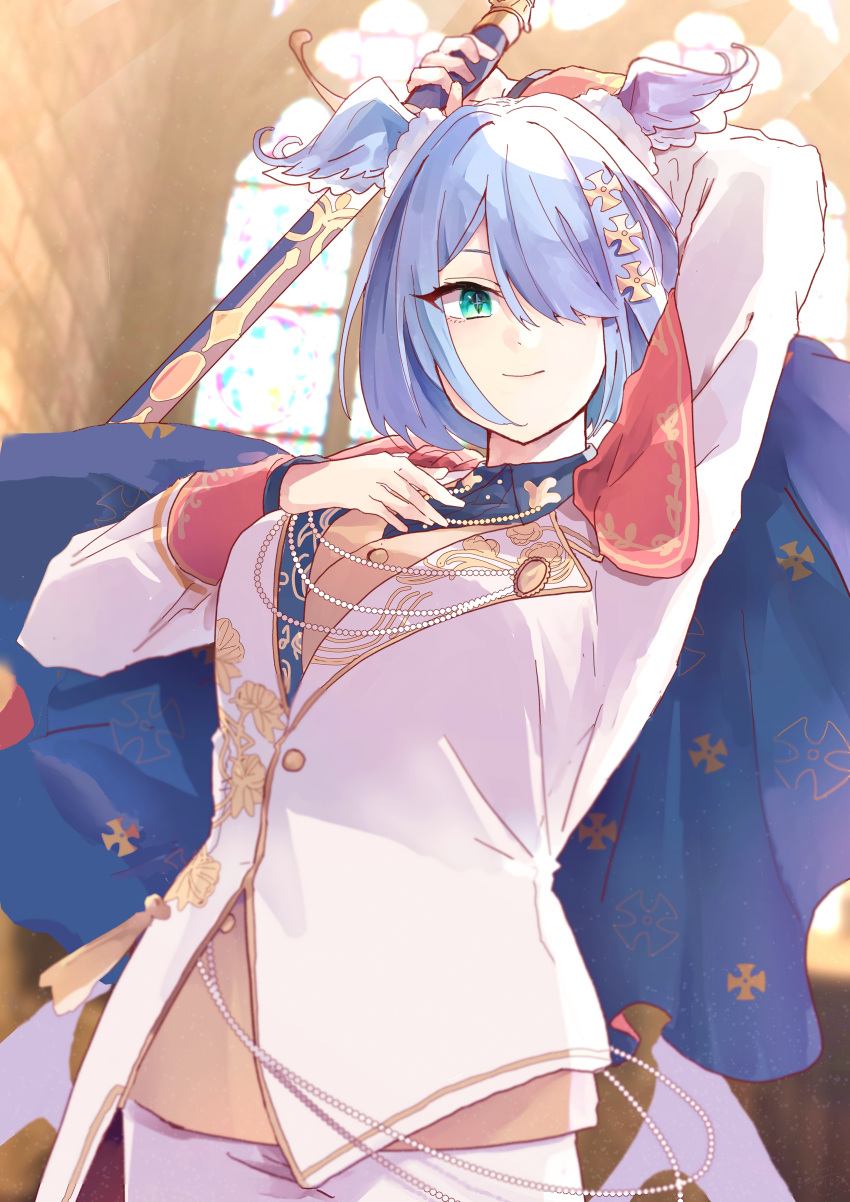 1girl, absurdres, beige_vest, blue_hair, blue_shirt, breasts, collared_shirt, cosplay