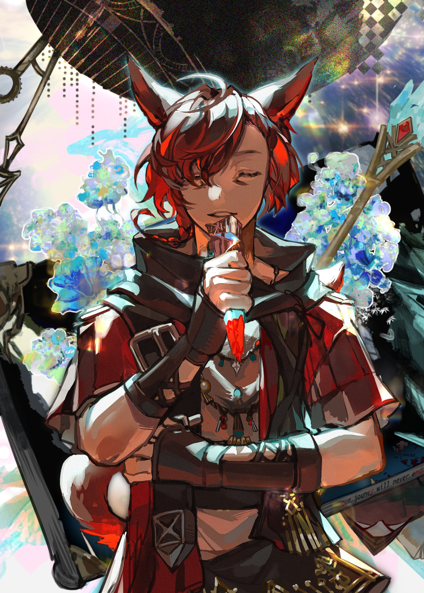 1boy, animal_ears, brown_gloves, cat_ears, closed_eyes, commentary, elbow_gloves, english_commentary