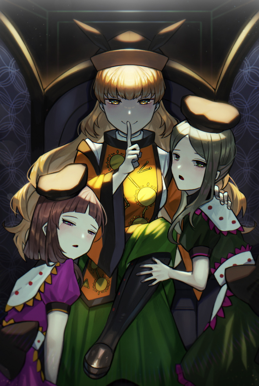 3girls, absurdres, apron, back_bow, bangs, black_background, black_footwear, black_headwear, blonde_hair, blush, boots, bow, breasts, brown_bow, brown_hair, brown_headwear, cape, chair, closed_mouth, constellation, constellation_print, crossed_legs, detached_sleeves, dress, eyebrows_visible_through_hair, from_behind, gradient, gradient_background, green_dress, green_eyes, green_hair, green_skirt, grey_background, hair_between_eyes, hands_up, hat, highres, large_breasts, light, long_hair, long_sleeves, looking_at_viewer, looking_to_the_side, matara_okina, medium_breasts, multiple_girls, nishida_satono, open_mouth, orange_cape, pointing, puffy_short_sleeves, puffy_sleeves, purple_dress, rypm4857, shadow, shirt, short_hair, short_hair_with_long_locks, short_sleeves, sitting, skirt, smile, standing, tabard, teireida_mai, touhou, violet_eyes, white_apron, white_shirt, wide_sleeves, yellow_eyes