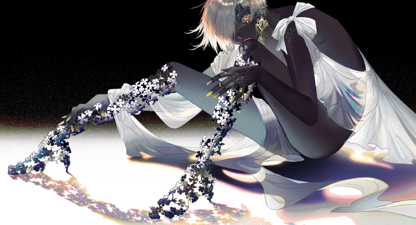 1girl, amputee, androgynous, ass, bare_arms, between_legs, black_background, black_skin